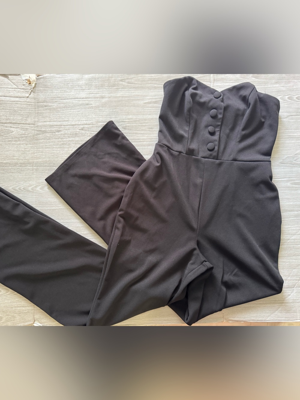 Strapless Black Wide-Leg Jumpsuit with Button-Front Bodice